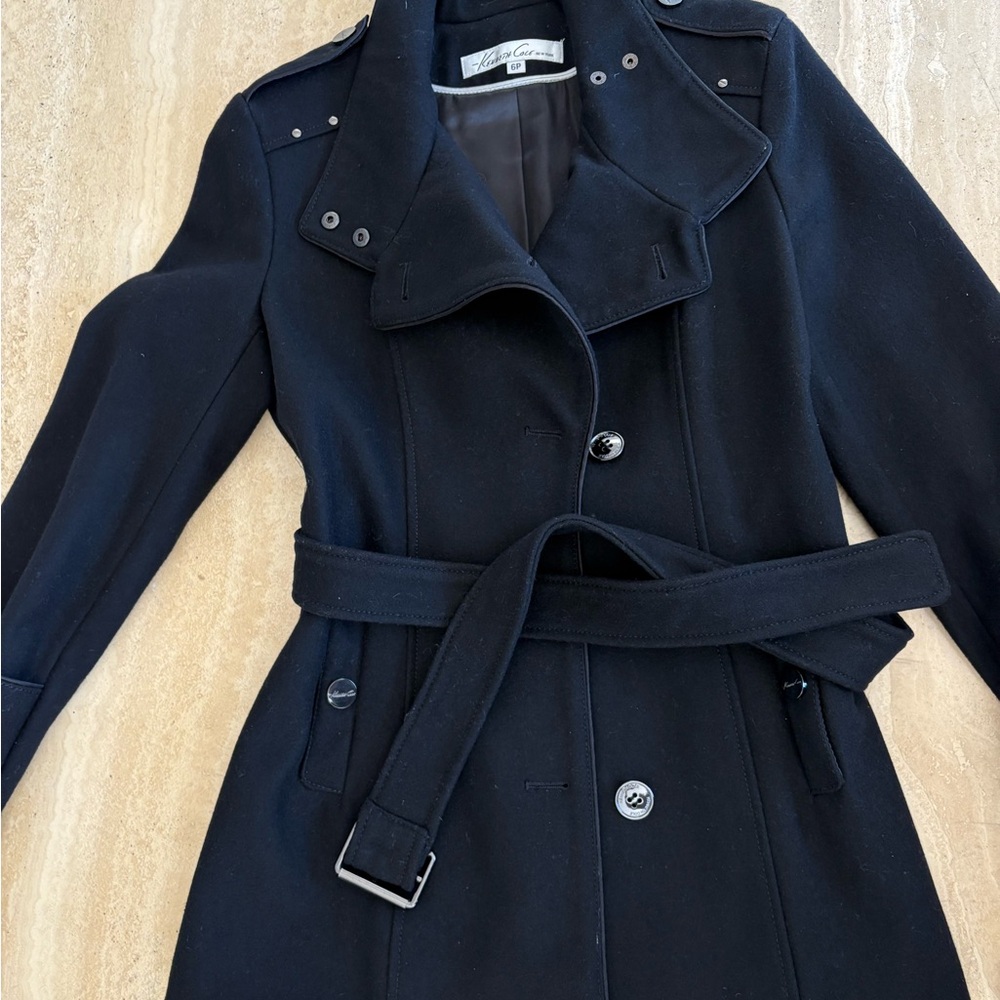 Kenneth Cole Black Pea Coat Wool-Blend Tailored